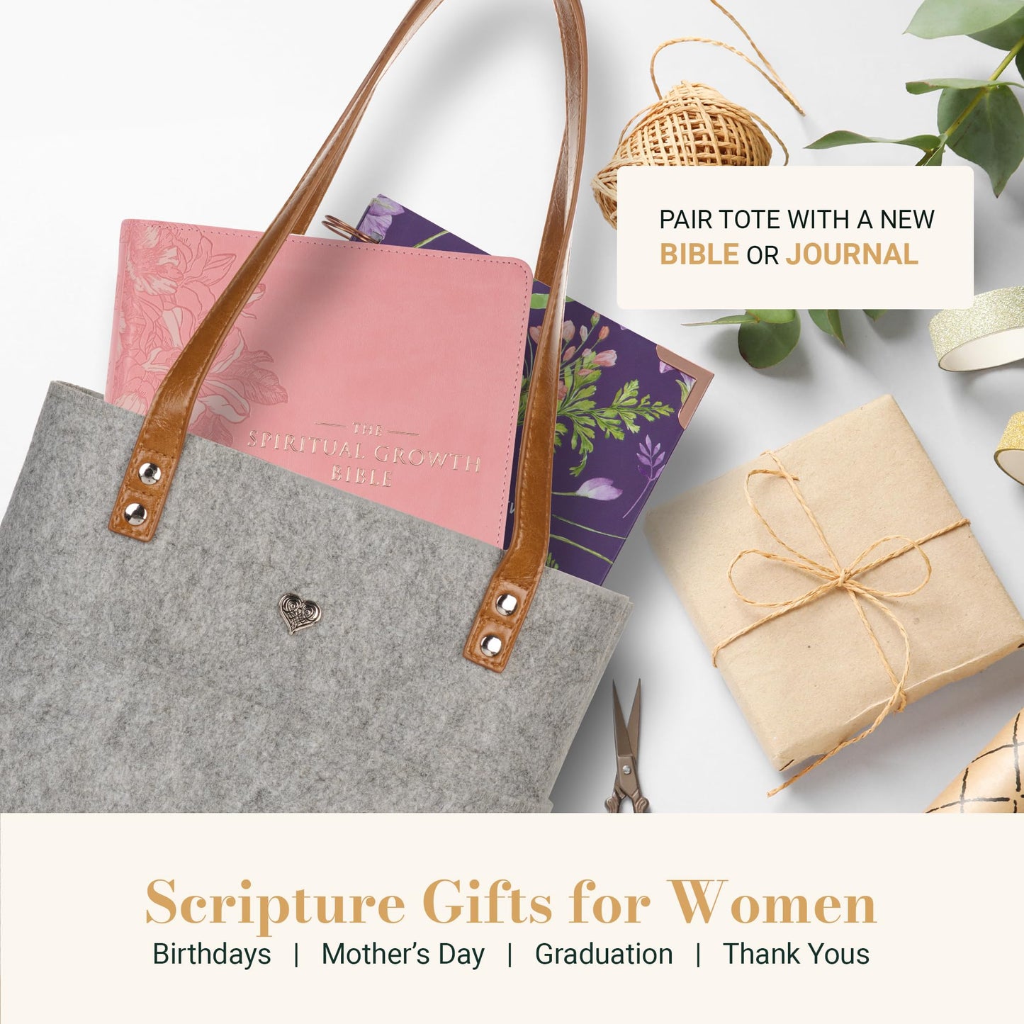 Christian Art Gifts Felt and Faux Leather Bible Tote for Women: With Metal Heart Badge, Pockets and Magnetic Button Closure, Toffee Brown and Gray, One Size Carry Bag for Books, Supplies and Shopping
