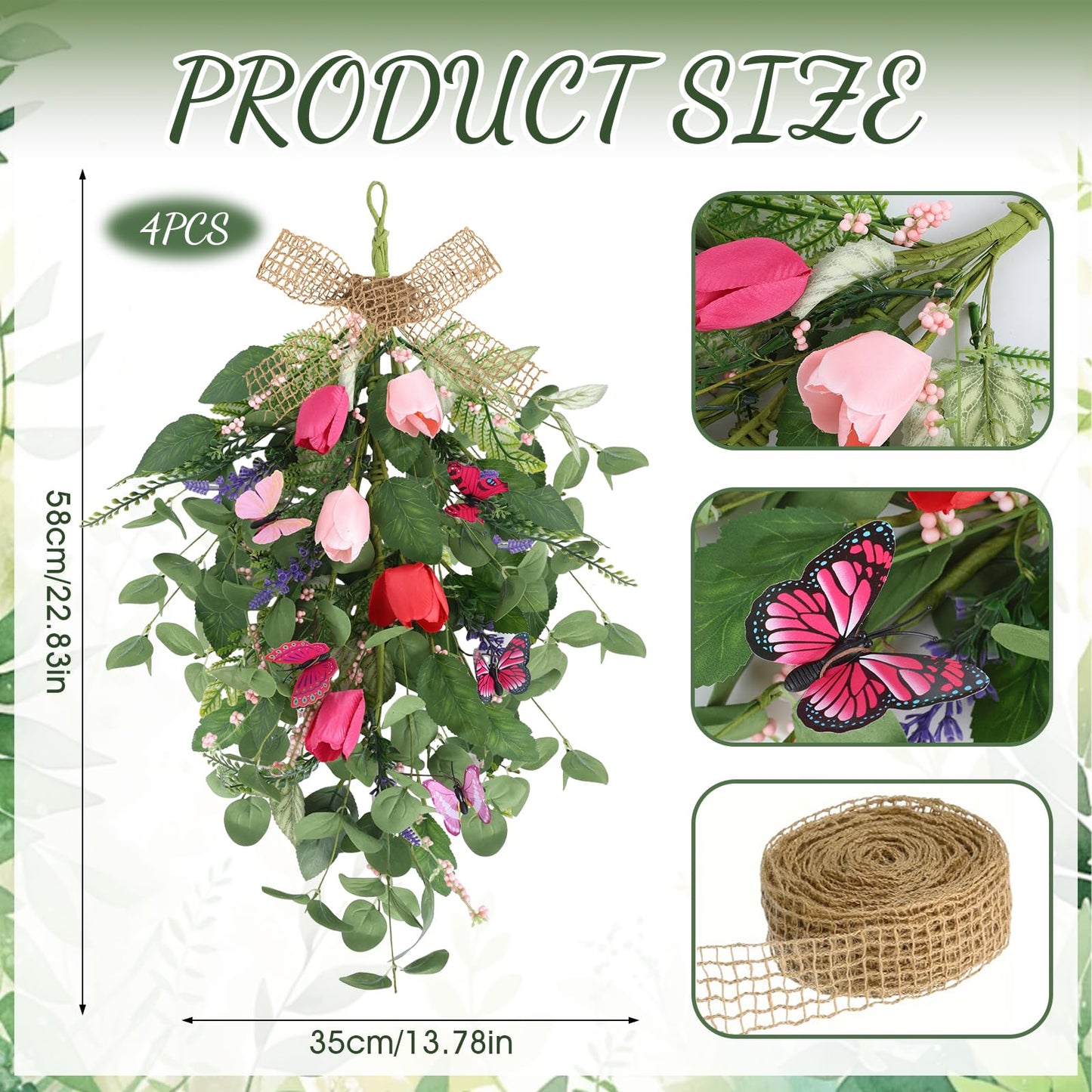 4 PCS Tulip Teardrop Swag 22" Spring Wreaths for Front Door with Purple Tassels Eucalyptus Leaves Ferns Butterflies for Indoor Outdoor Wall Festival Home Farmhouse Wedding Decor