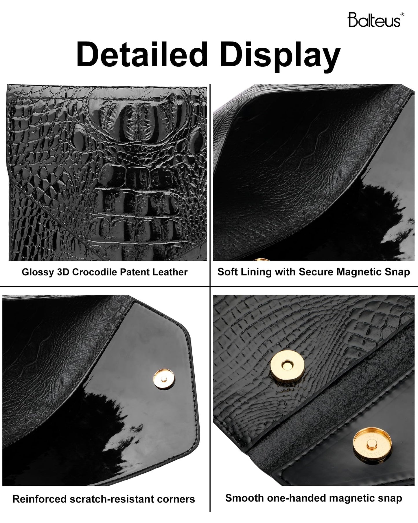 Balteus Black Clutch Evening Bags for Women, Croc-Embossed Metallic Handbags, Trendy Envelope Purse for Prom, Formal Party & Wedding Guest