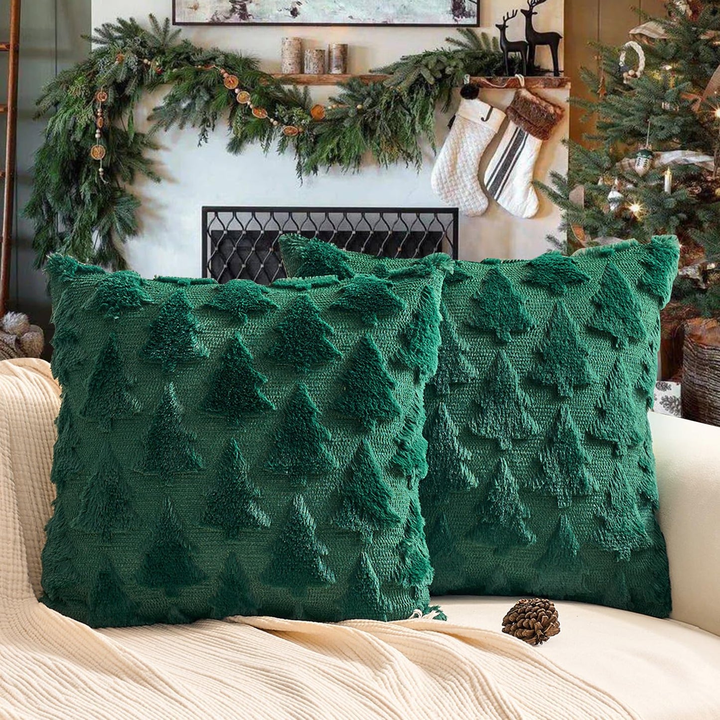 Christmas Pillow Covers 18'' x 18'' Set of 2, Soft Faux Rabbit Fur 3D Embroidery Christmas Tree Throw Pillow Covers for Holiday Christmas Decor Sofa, Couch, Skin-Friendly, Invisible Zipper