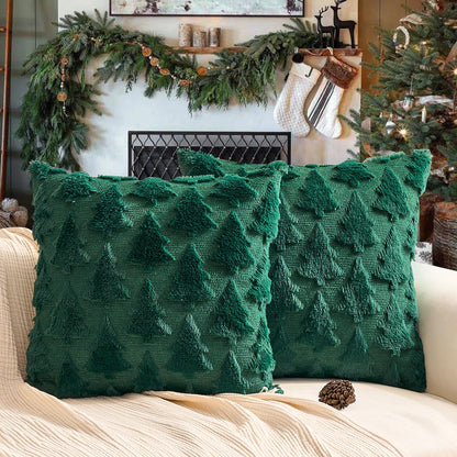 Christmas Pillow Covers 18'' x 18'' Set of 2, Soft Faux Rabbit Fur 3D Embroidery Christmas Tree Throw Pillow Covers for Holiday Christmas Decor Sofa, Couch, Skin-Friendly, Invisible Zipper