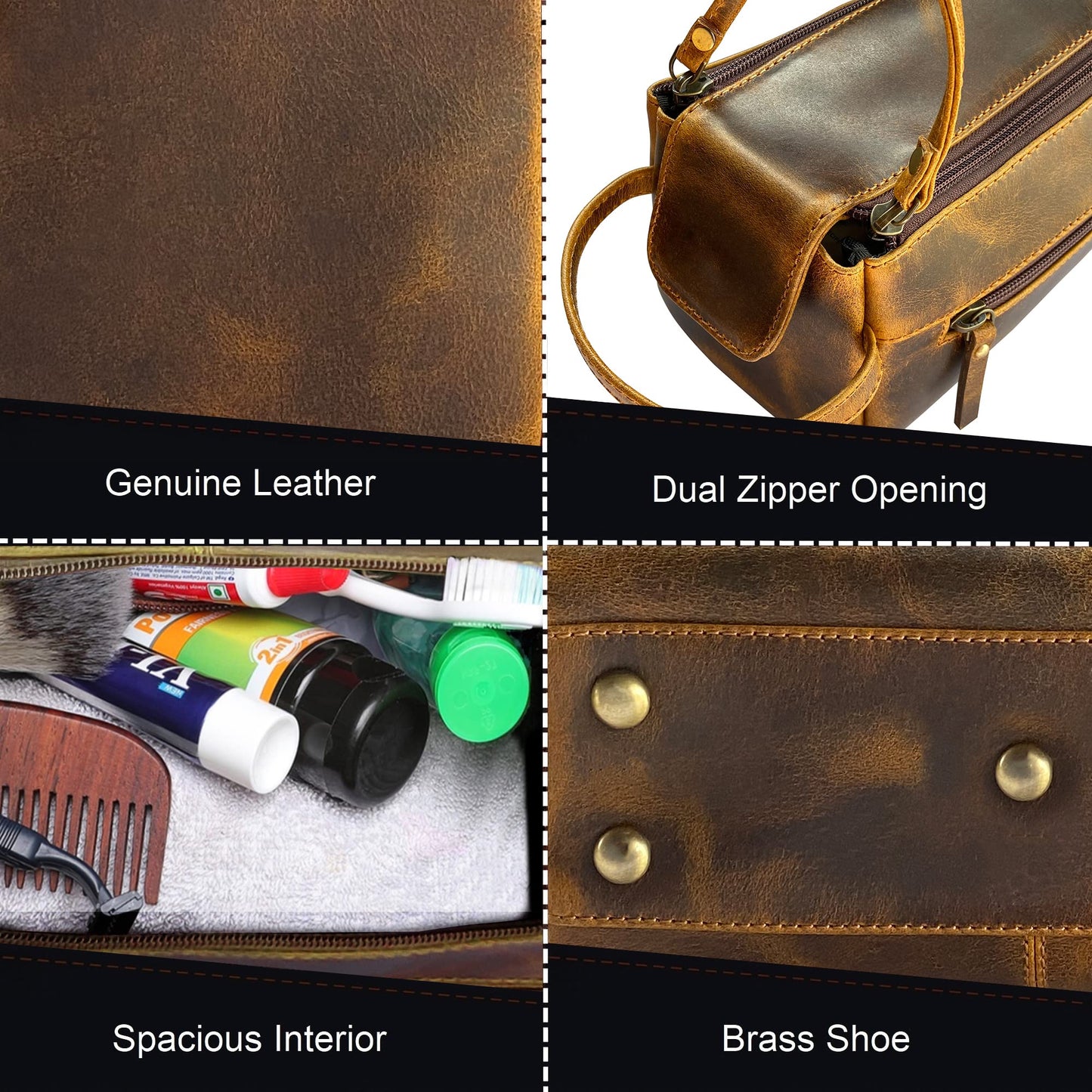 Leather Toiletry Bag for Men - Hygiene Organizer Travel Ditty Kit By Rustic Town (Antique Brown)