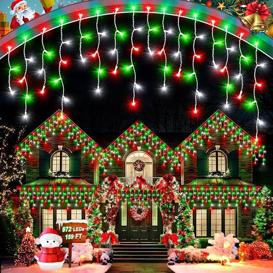 106 FT Christmas Lights Outdoor, 972 LED Waterproof Outside Christmas Lights Plug in, Connectable 8 Modes Hanging Fairy Lights with 216 Drops for House Eaves Yard Patio Decoration,Red Green and White
