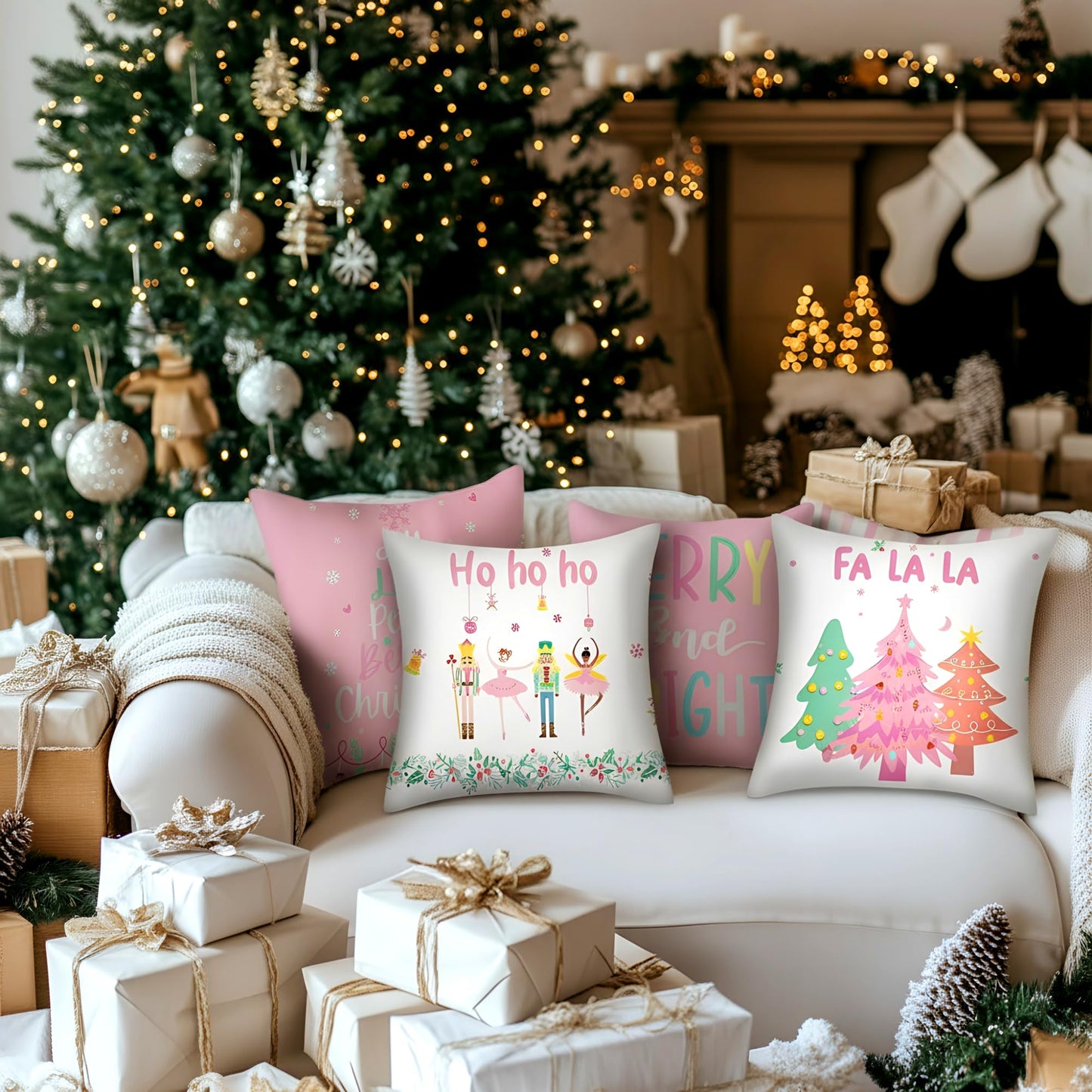 HunnmingRe 6 Pcs Pastel Christmas Throw Pillow Covers 18 x 18 Inch Pink Nutcracker Xmas Trees Truck Pillow Case Soft Candyland Cushion Case Pastel Pink Christmas Decor for Home Couch Sofa Bed Chair