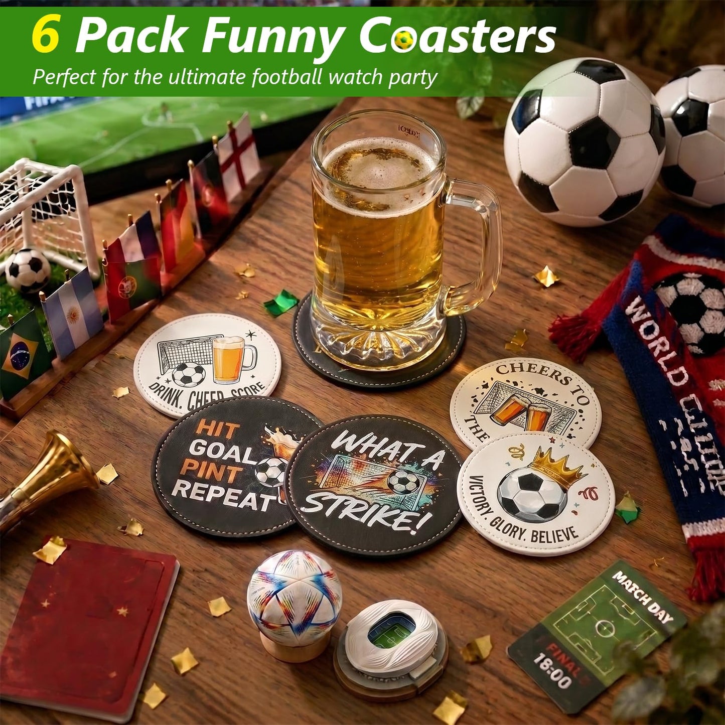BEADJONE 6 Pack Soccer Coasters for Drinks Set, 3.9" Leather Football Coasters with Holder, Waterproof Tabletop Protection for Home Bar Watch Parties & Game Day Decor, Sports Fans Gifts