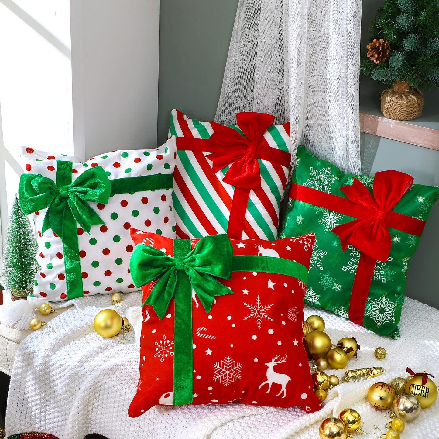 Kingdder Christmas Pillow Covers 18 x 18 Inch Set of 4 Farmhouse Xmas Throw Pillow Cases Gift Box Style Red Green White Snowflake Bow Decoration for Couch Holiday Sofa Cushion Decor
