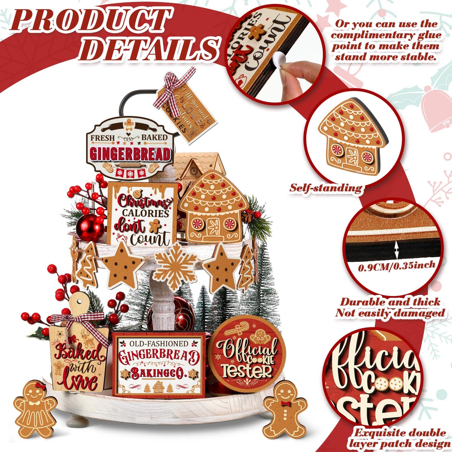Kajaia 15 Pcs Winter Tiered Tray Decor Christmas Tiered Tray Decorations Set Snowman Snowflake Gingerbread Man Hot Cocoa Wooden Signs Farmhouse Winter Table Decorations(Gingerbread Man)