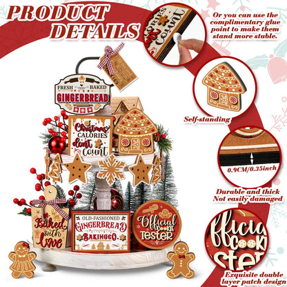 Kajaia 15 Pcs Winter Tiered Tray Decor Christmas Tiered Tray Decorations Set Snowman Snowflake Gingerbread Man Hot Cocoa Wooden Signs Farmhouse Winter Table Decorations(Gingerbread Man)