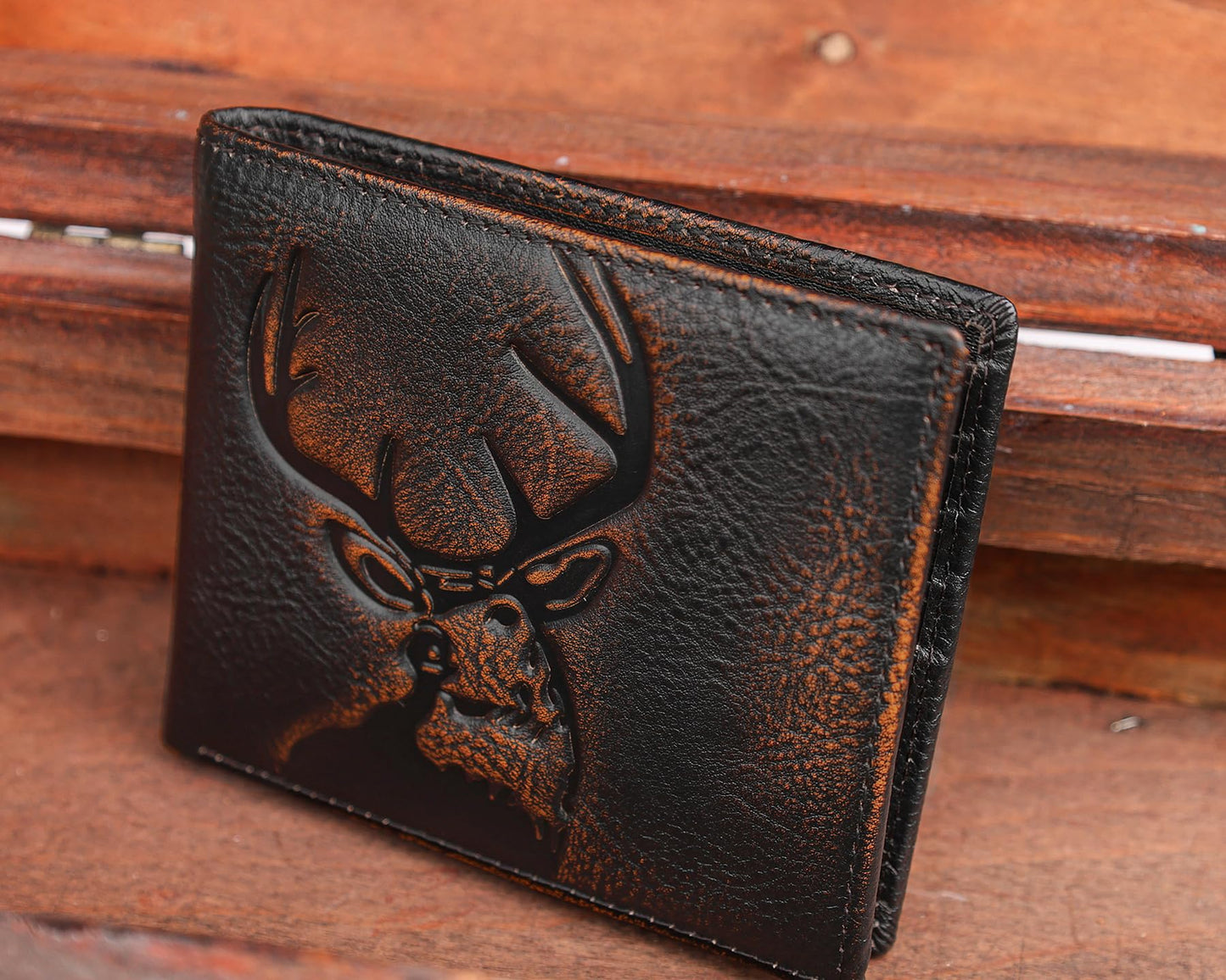 DK86 Deer Bifold Wallet for Men RFID Blocking Full Grain Leather With Hand Burnished Extra Capacity Multiple Card Slots with 2 ID Windows (black orange with deer)
