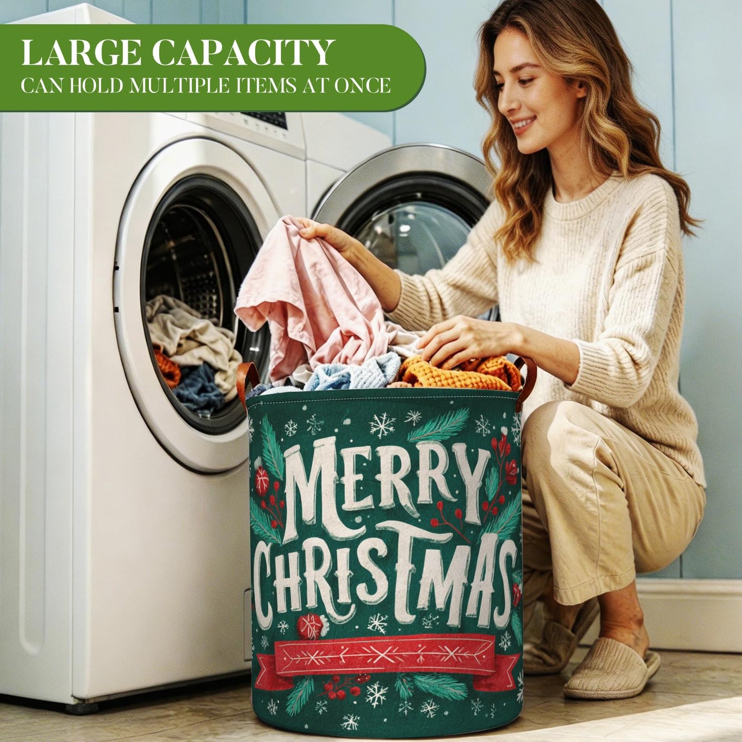 Vintage Merry Christmas Art Laundry Hamper, 15.75x19.7" Large Canvas Clothes Basket with Leather Handles, Retro Dark Green Holiday Storage Bin for Bedroom Bathroom Playroom