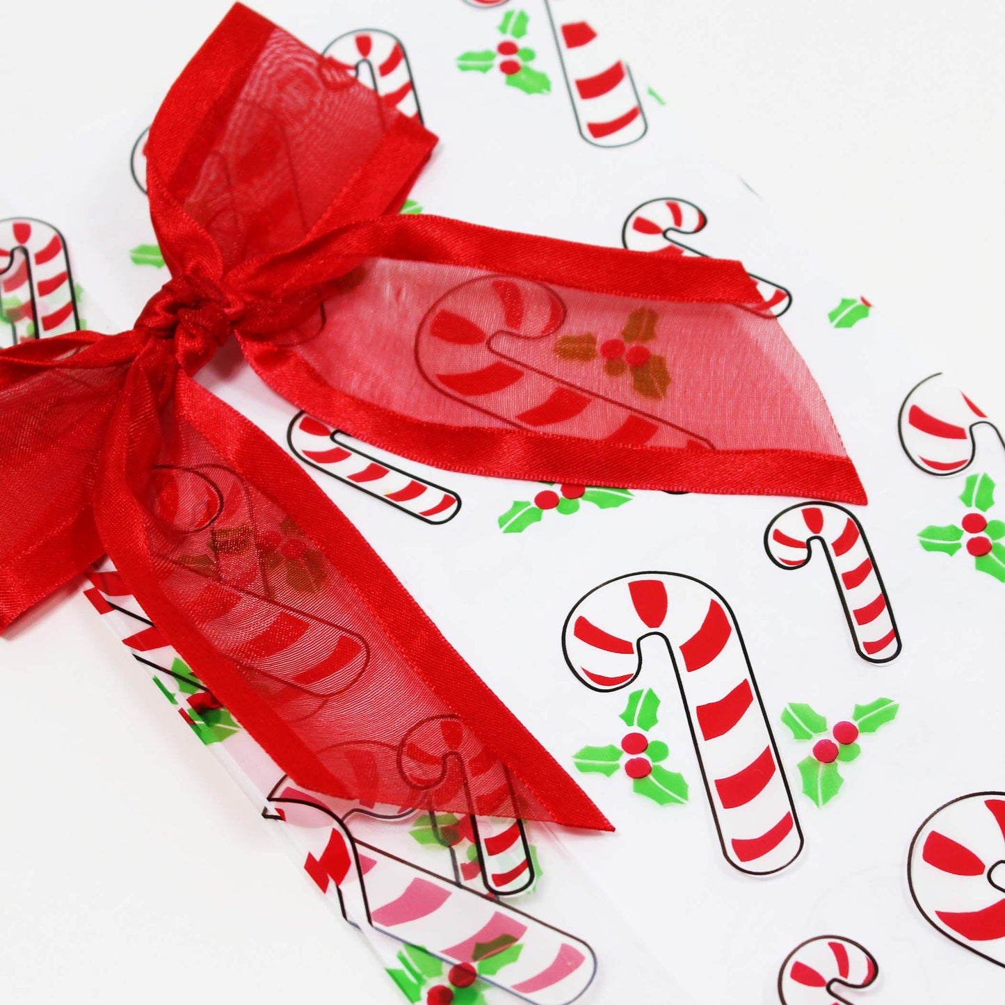 Saybrook Products Candy Canes Christmas Holiday Cellophane Treat Party Favor Bags with Twist-Tie Organza Bow. Set of 10 Ready-to-Use, Gussetted 11x5x3 Goodie Bags with Red Bows.