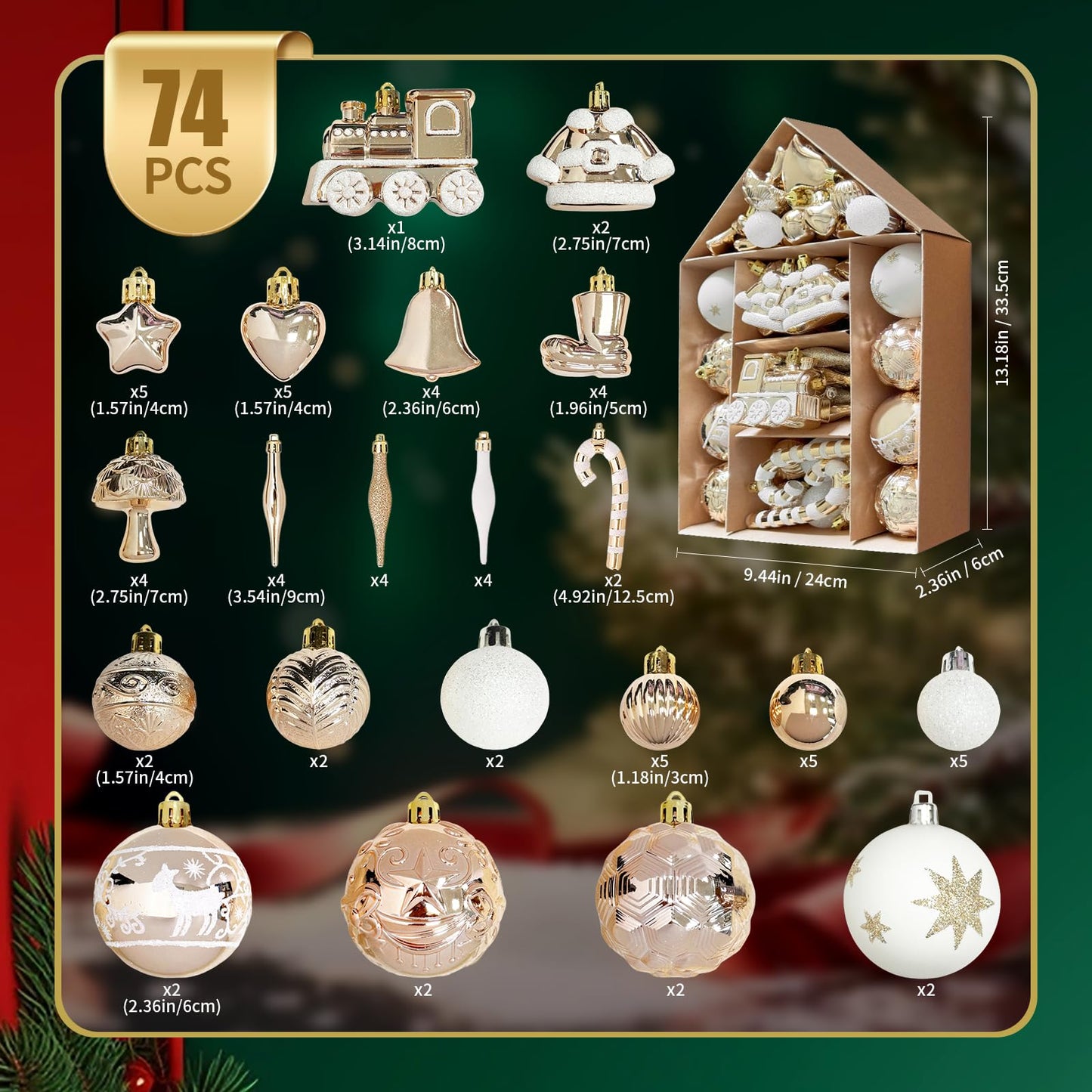 BYOFI Ornaments for Christmas Trees,74 Count Gold Christmas Tree Decorations, Shatterproof Plastic Hanging Bulbs Decorations Set for Xmas Holiday Party