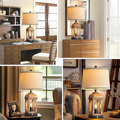 QiMH Table Lamp for Living Room, Farmhouse Lamps with USB A+C and Nightlight, 26" Rustic Bedside Lamps with 3-Way Dimmable Touch Control, Nightstand Lamp for Bedroom, Wood Grain, 1 Pack