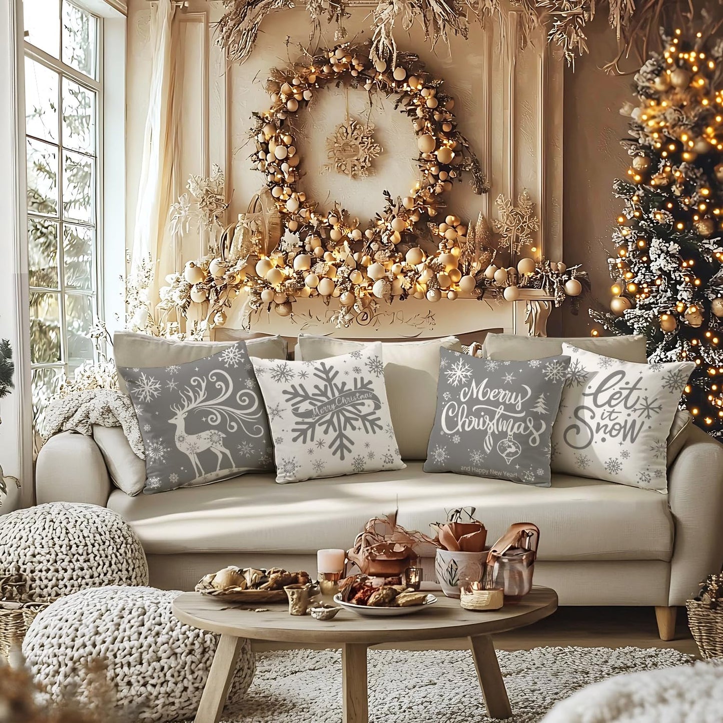 Artmag Merry Christmas Throw Pillow Covers 16x16 inch Snowflakes Let it Snow Moose Winter Holiday Grey Cushion Case for Coach Sofa Decorations Set of 4