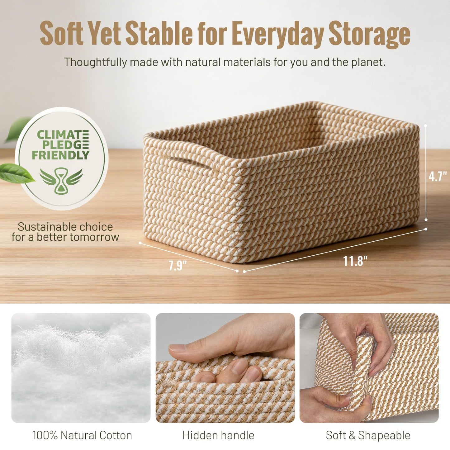 5 Pack Decorative Small Storage Baskets for Shelves, Cotton Rope Woven Basket for Organizing Bathroom, Nursery, Closet, Cabinet, Toys & Socks, Gift Baskets Empty, 11.8"x7.9"x4.7", Khaki