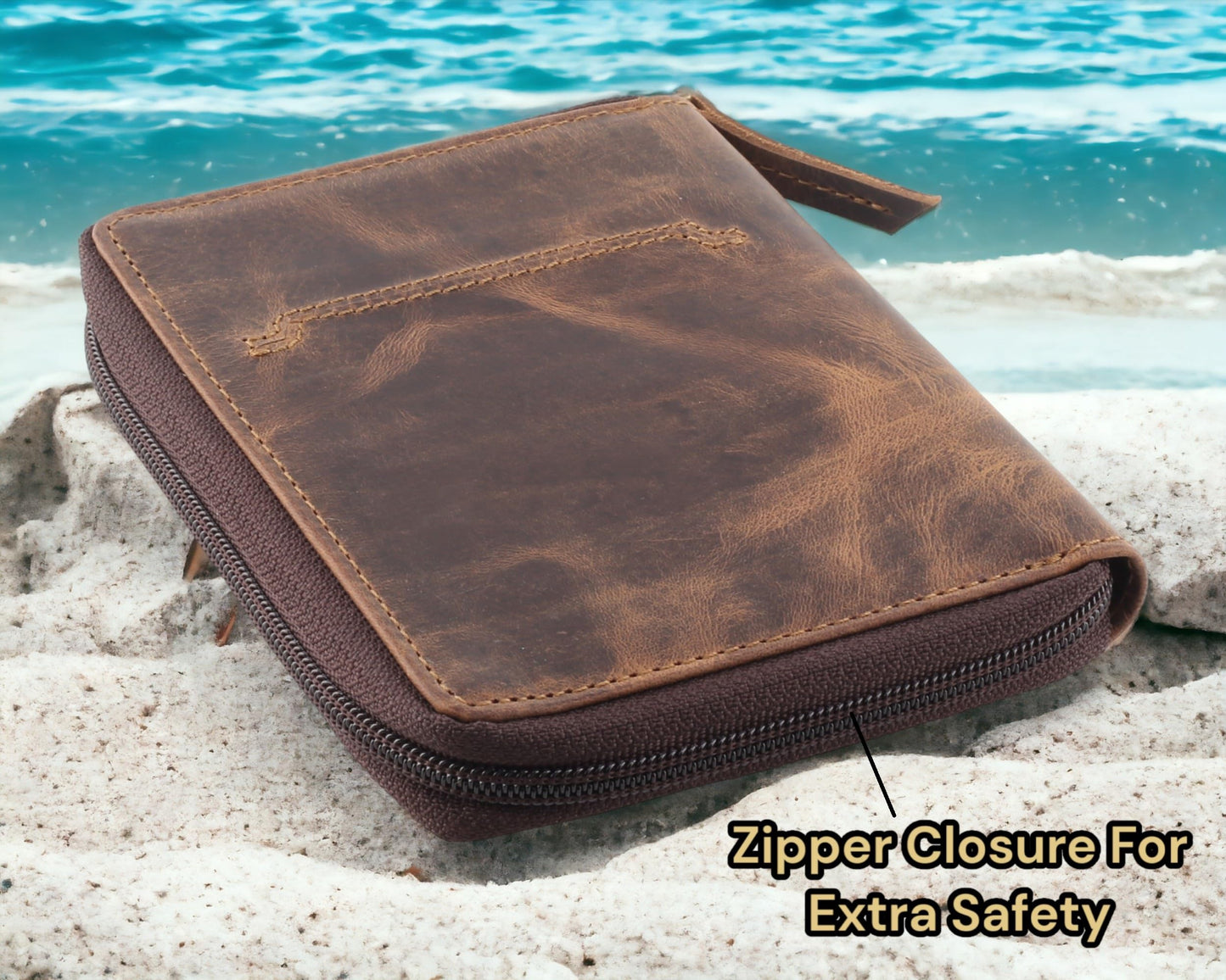 Passport Wallet - Travel Document Holder w/RFID Blocking – Full Grain Leather – Bifold compact zip around Wallet with Credit Card Slots for Women and Men,distressed brown,500-30