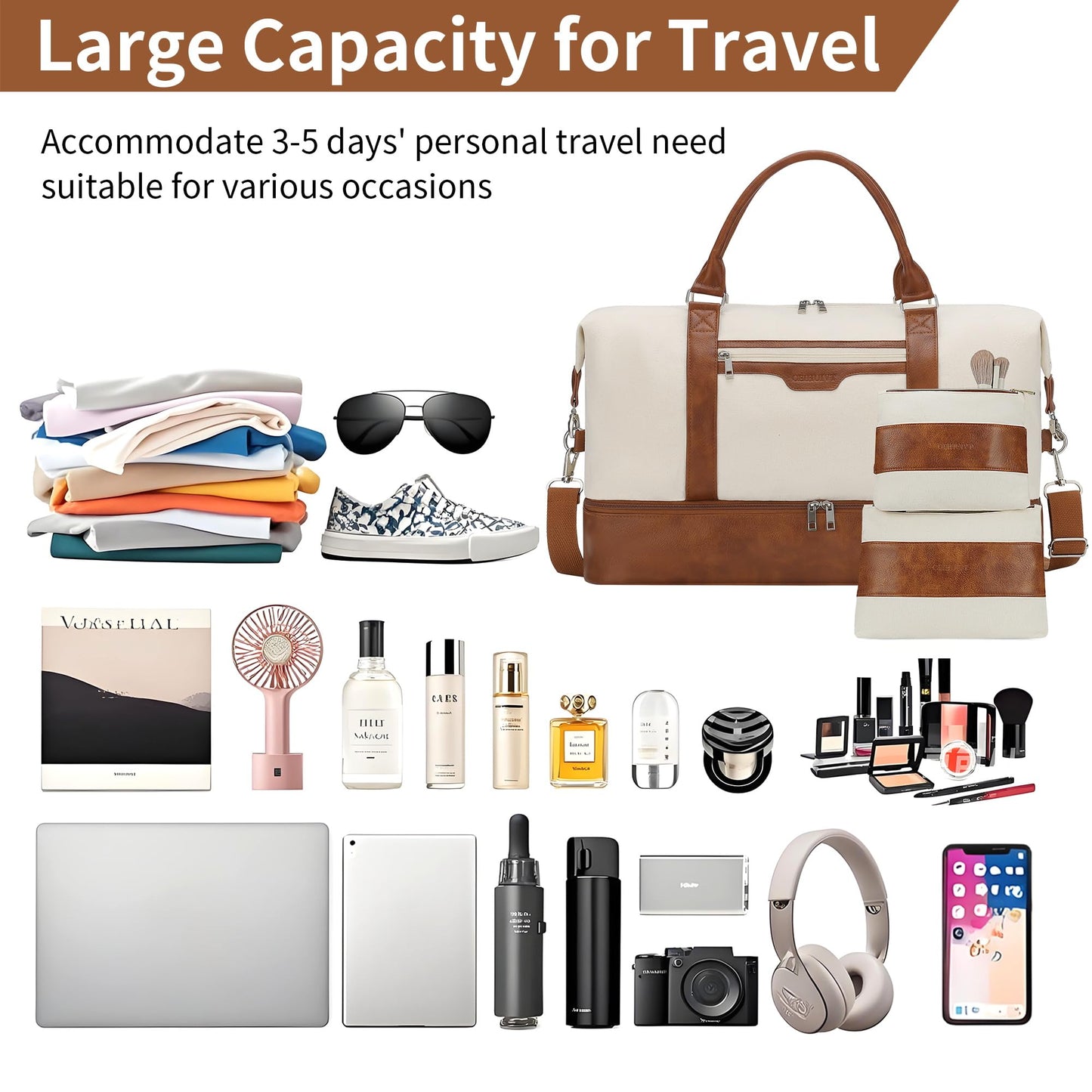 Oeihuivt Weekender Bags for Women - 21 Inch Large Travel Duffel Bag 3-Piece Set with Shoe Compartment, Heavy-Duty Canvas & Leather Carry On Overnight Tote (Airplane Approved)