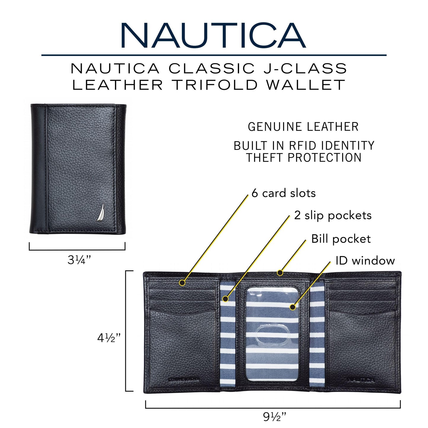 Nautica Mens Classic Trifold Wallet | RFID Blocking Protection | ID Window | 6 Card Slots | 2 Slip Pockets | Genuine Leather | Organization | Durable | Stylish - Brown
