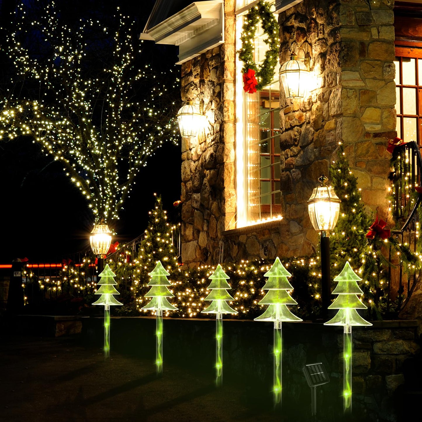 ILLUMINEW Christmas Solar Stake Lights, 5 Pack Waterproof Landscape Christmas Lights, Pathway Christmas Decorations, LED Lights for Yard Lawn Patio Walkway Decor (5PCS Tree-Green)