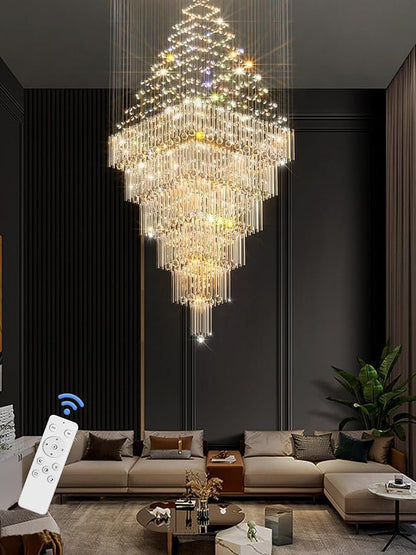 Flashing God D48''X H120'' Extra Large Chandeliers for High Ceilings Black Square Chandeliers Crystal Raindrop Chandelier for Villa Entrance Foyer LED Dimmable 2700K-6000K