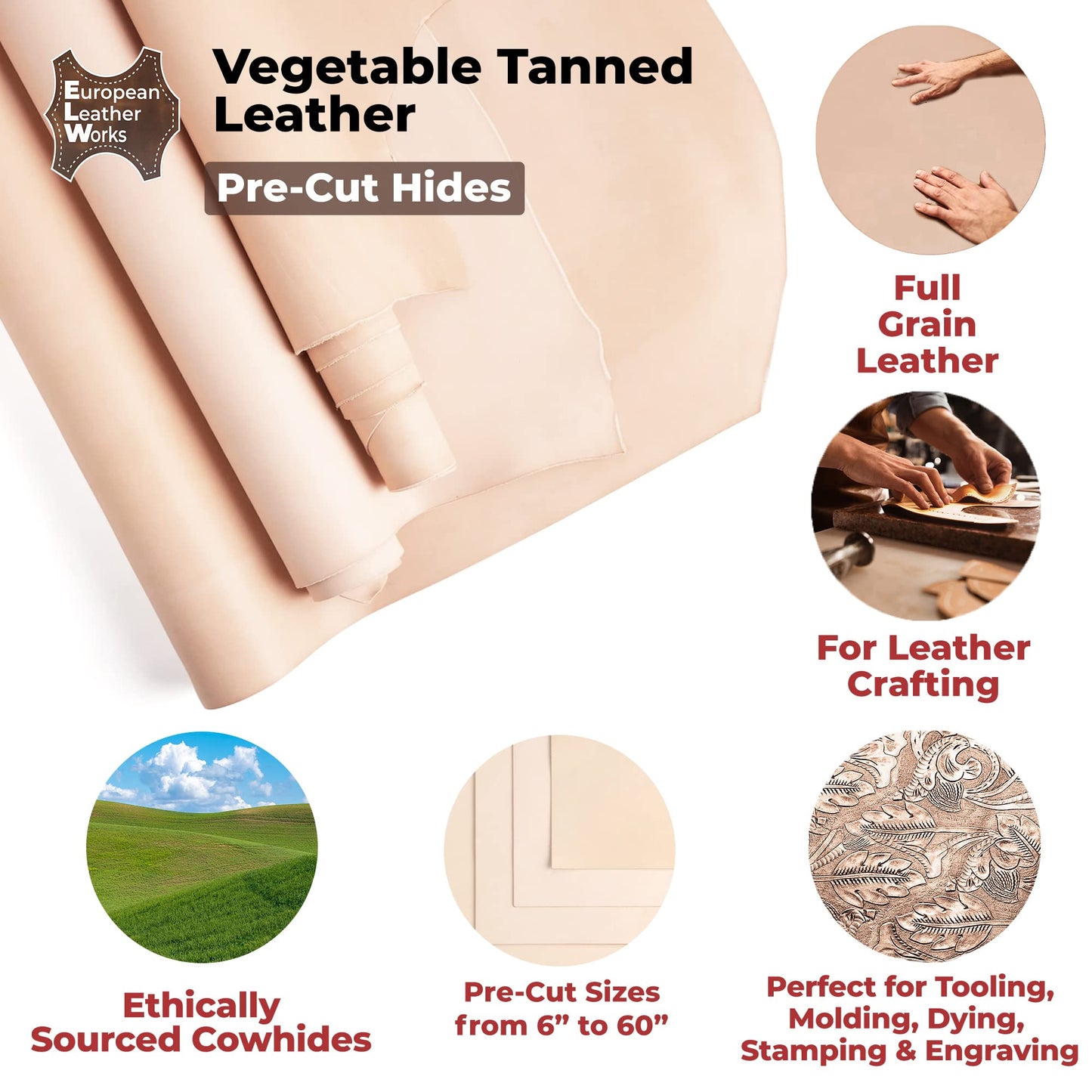 ELW Vegetable Tanned Leather 8-9 Oz. (3.2-3.6mm) Thickness | Pre-Cut 6"x12" | Tooling Leather Cowhide - Full Grain Leather Good for Crafting, Saddlery, Home Decor, Holsters, Knife Sheaths, Stamping