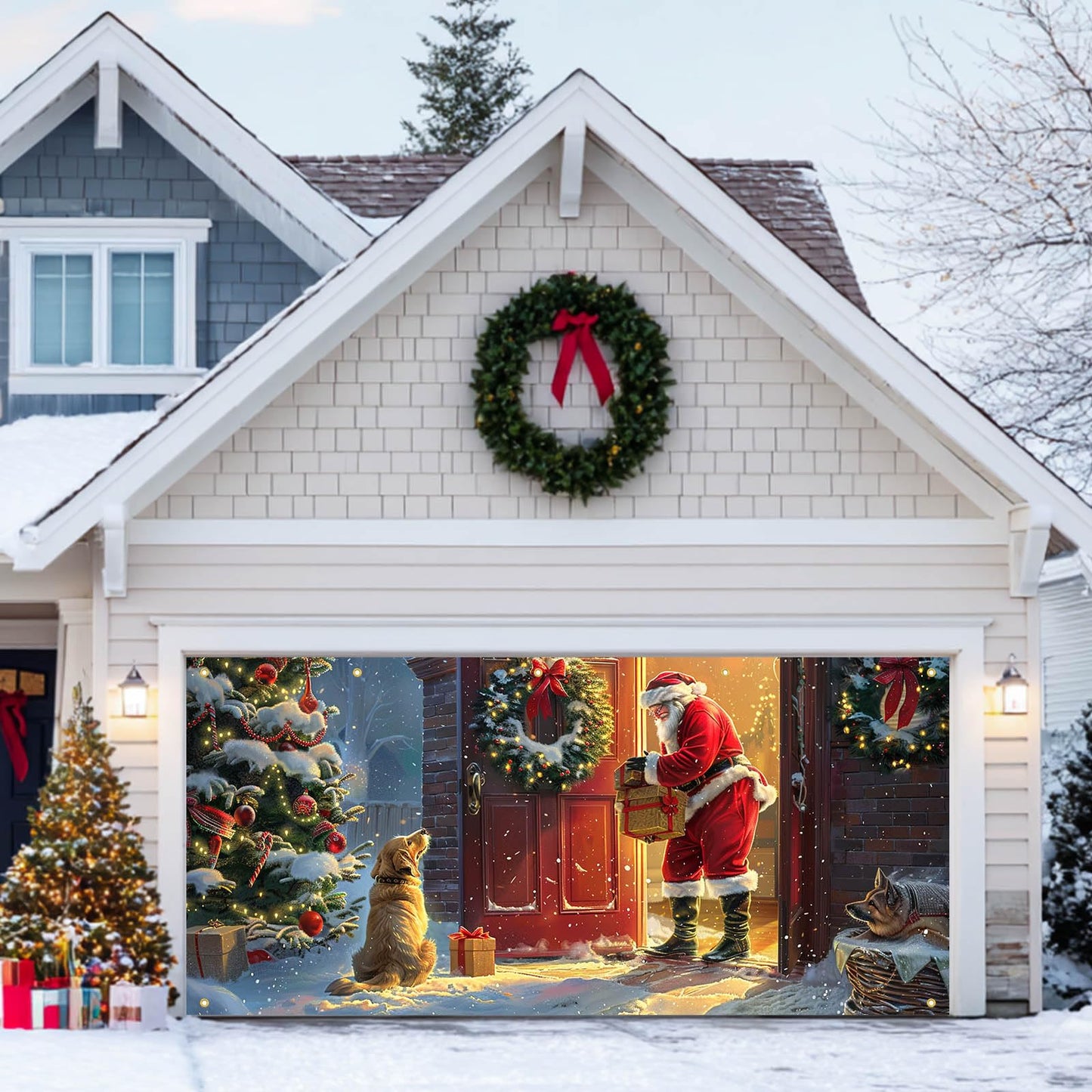 HOMETITUTE Christmas Garage Door Banner 13x6ft Santa with Dogs Gift Scene Holiday Porch Backdrop Red Green Warm Glow Winter Snow Party Decoration Indoor Outdoor Seasonal TreeWall