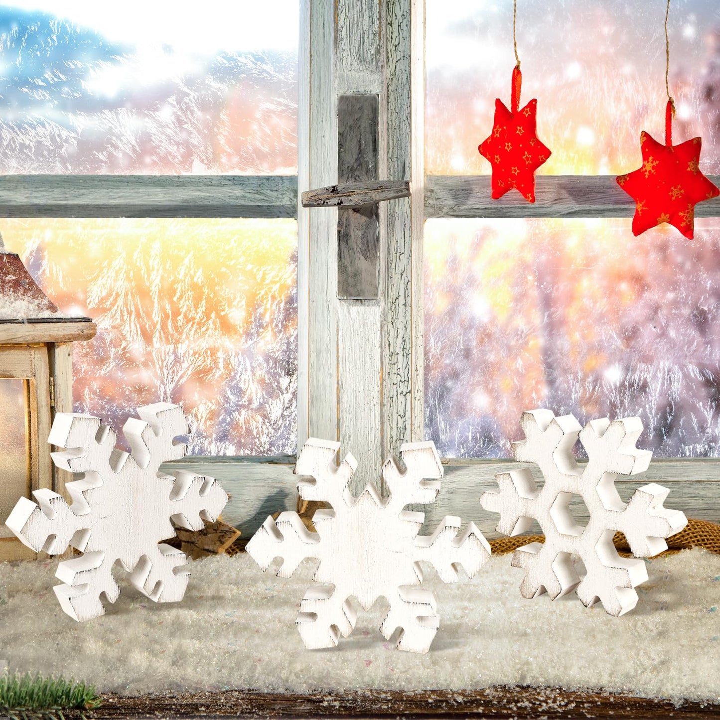 PAIVSUN 6Pcs Christmas Wooden Snowflake Decor Winter Snowflakes Table Signs Centerpieces Decorations Standing for Xmas Holiday Party Home Tabletop (Retro)