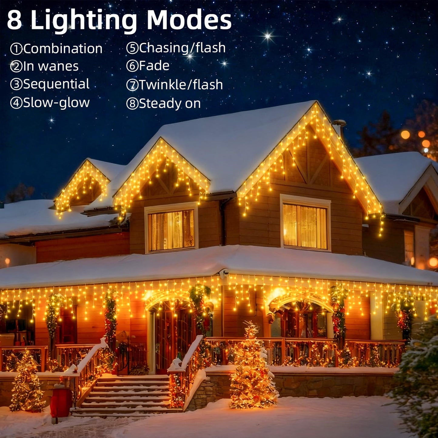 BYIZO Christmas Outdoor Icicle Lights - 480 LED 66+33 FT 8 Modes Curtain Fairy String Light Plug in, Waterproof for Eaves Yard Holiday Xmas Holiday Indoor Outdoor Decoration - Warm White