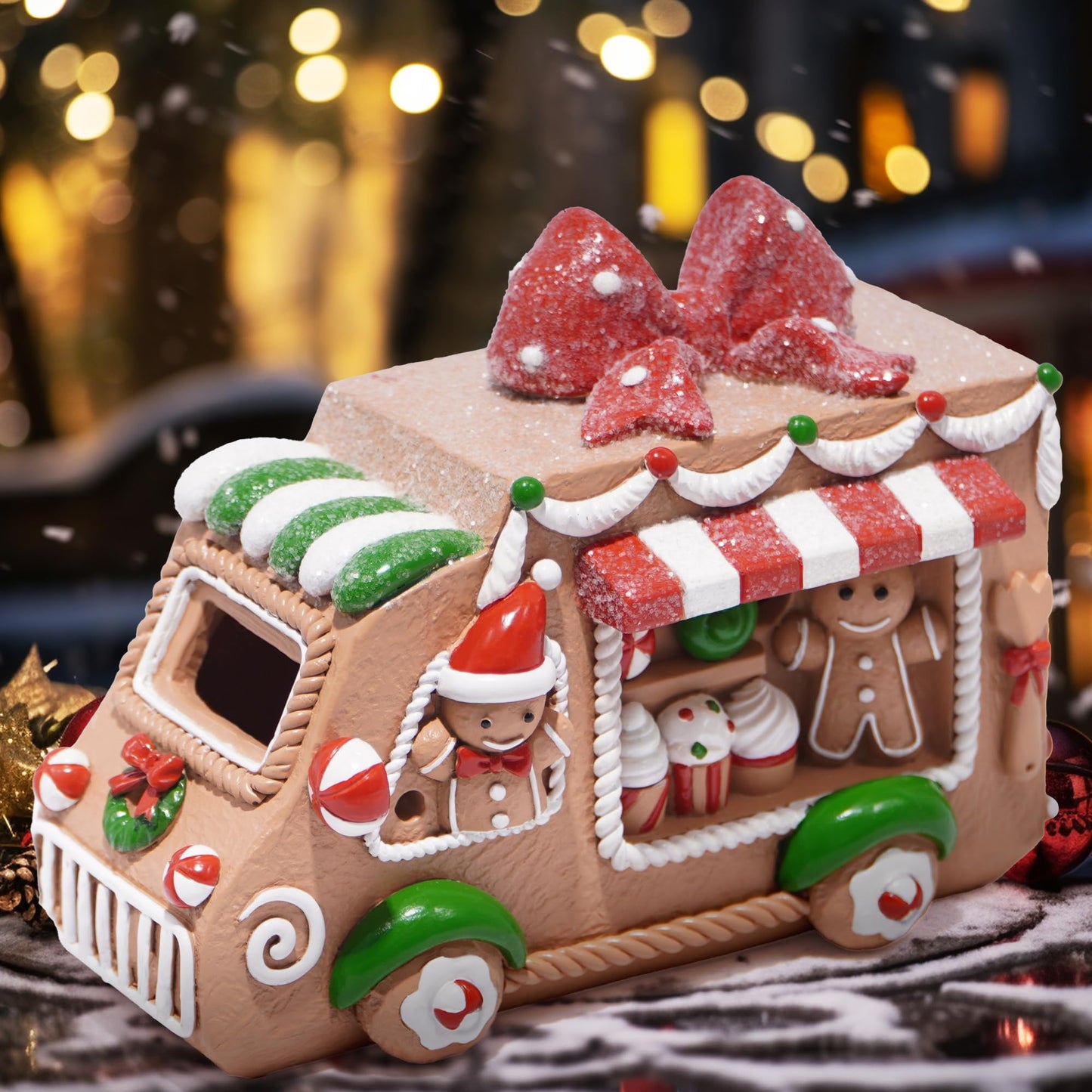 Hodao Gingerbread Sweets Truck Figurine – Resin Christmas Decorations for Home, Indoor Tabletop Decor, Candy & Cupcake Details, Cute Holiday Ornaments, Mini Collectible Gift for Families