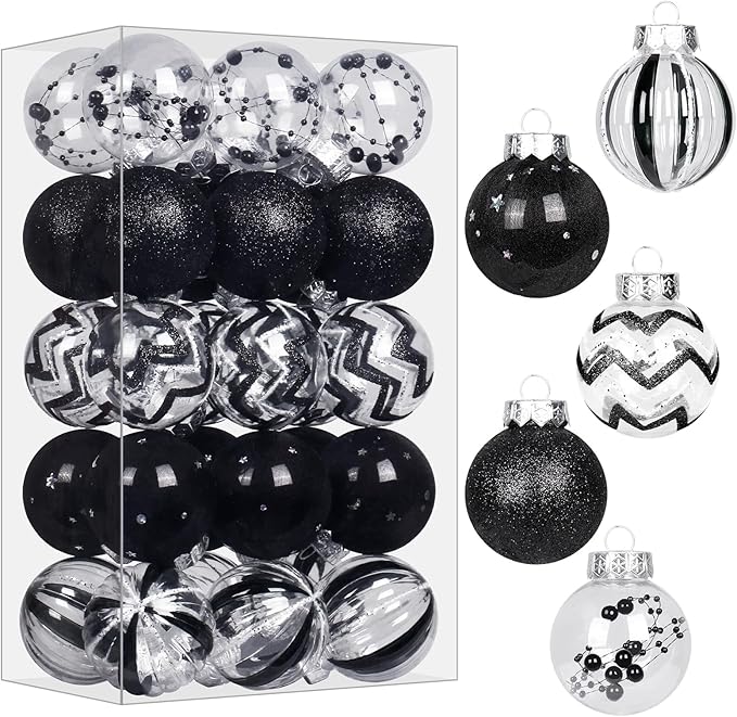 SY Super Bang 30PCS Black Christmas Ornaments Set, 60MM/2.36" Clear Plastic Shatterproof Ball Ornaments for Christmas Tree Hanging Decorations, for Home Holiday Party Xmas Decor.