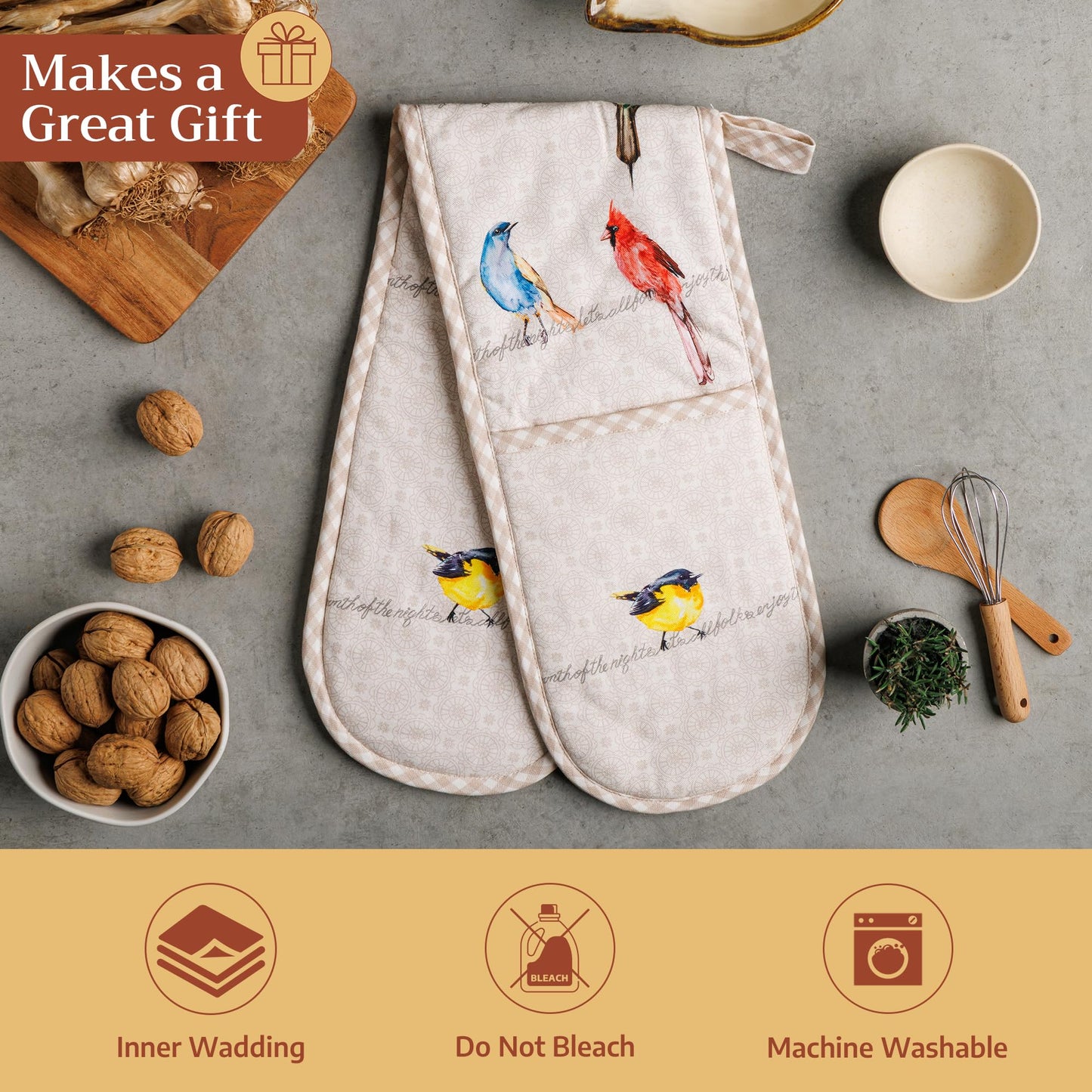 Maison d' Hermine Double Oven Mitts 100% Cotton 7"x35" Double Oven Mitt Heat Resistant BBQ Cooking Gloves with Loop Baking Grilling Kitchen Hotel Home Farmhouse Spring Summer (Birdies on Wire)