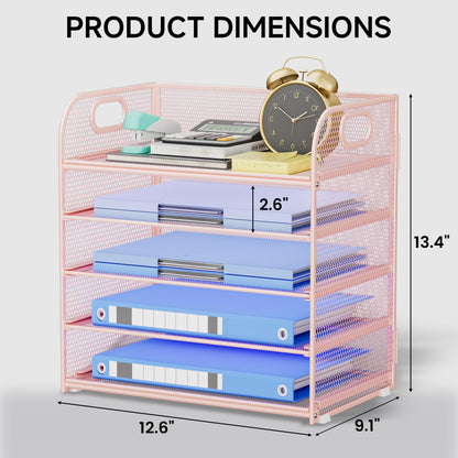 Kinkota 5 Tier Paper Organizer for Desk, File Organizer with Handle, Mesh Letter Tray, Paper Sorter Desk Organizer for Office Home Supplies - Pink