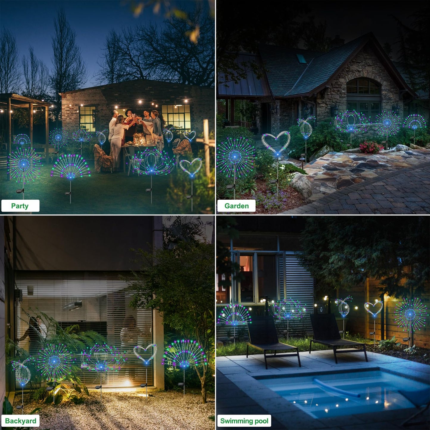 Slyuexu Solar Garden Lights Outdoor Waterproof, 2 Pack 120 LED Solar Firework Lights Decorative Garden Décor Outside for Flowerbed Pathway Party Halloween Christmas Decorations, Green + Purple