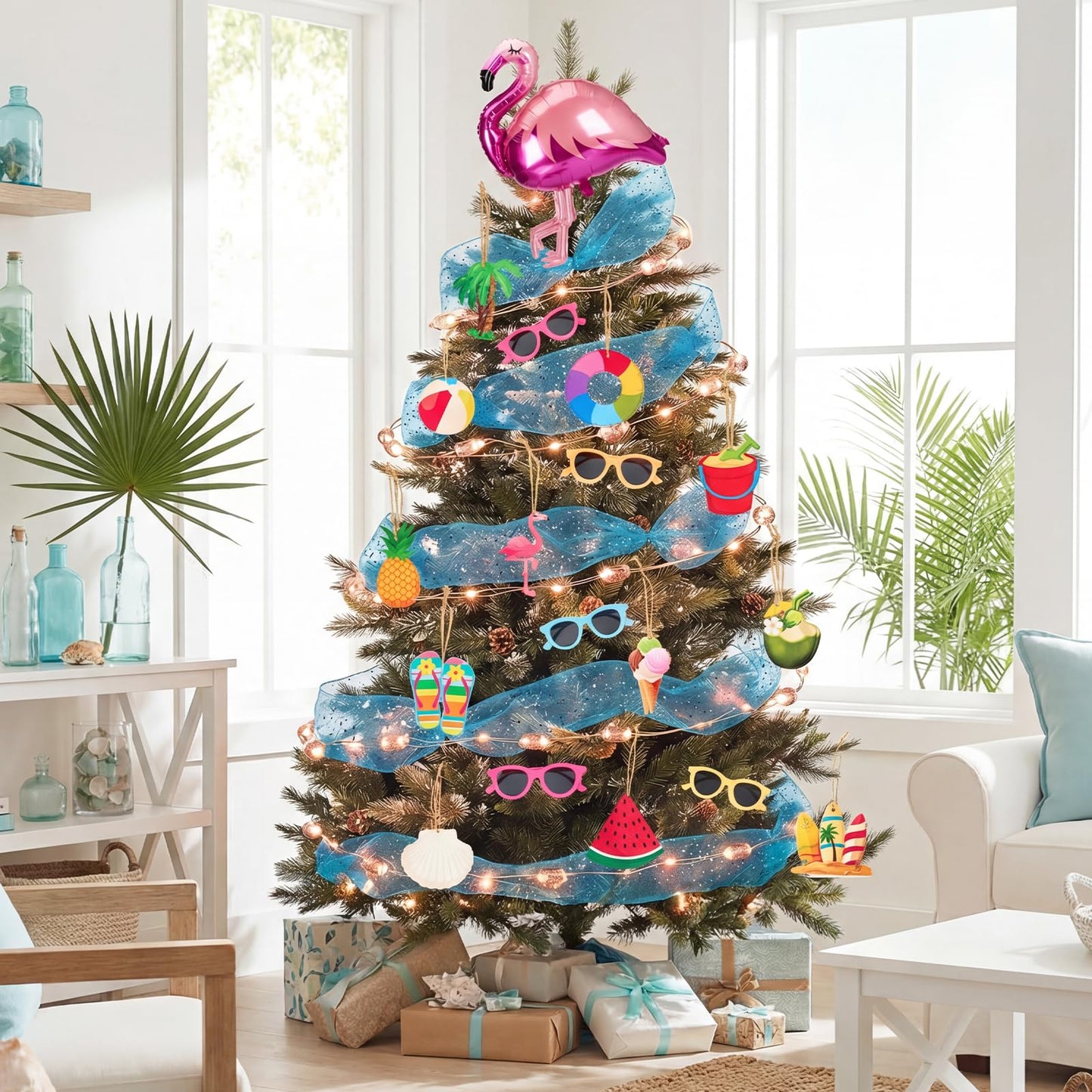 31 Pcs Summer Tree Ornaments Set, Christmas in July Wooden Crafts, Tropical Hawaiian Tree Hanging Decorations with Flamingo Balloon Sunglasses String Lights for Luau Hawaiian Party Holiday Decor