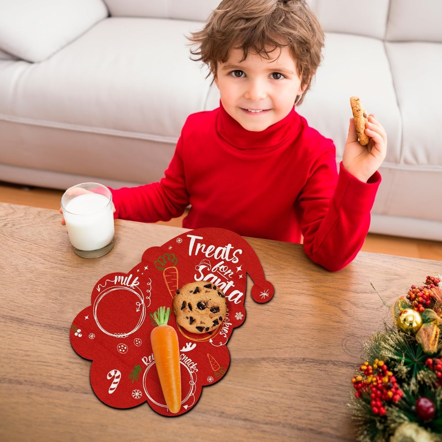 Santa Cookie Plate Christmas Wooden Treat Tray Platter Mat Xmas Eve Table Decorations Milk and Candy Board for Kids Christmas Party Supplies