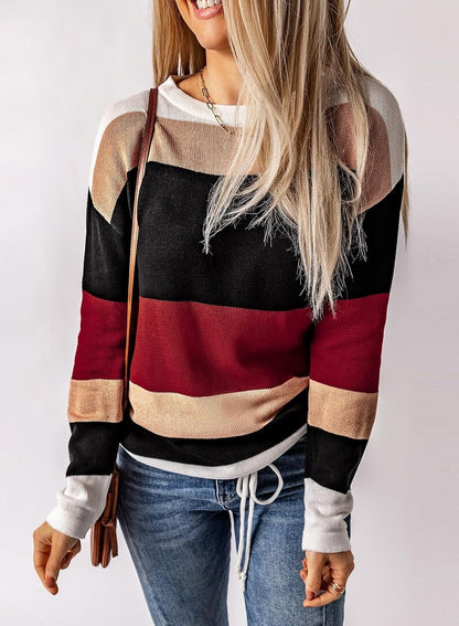 Dokotoo Womens Sweaters Striped Fall Winter Outfits 2025 Crewneck Drawstring Color Block Fashion Clothing