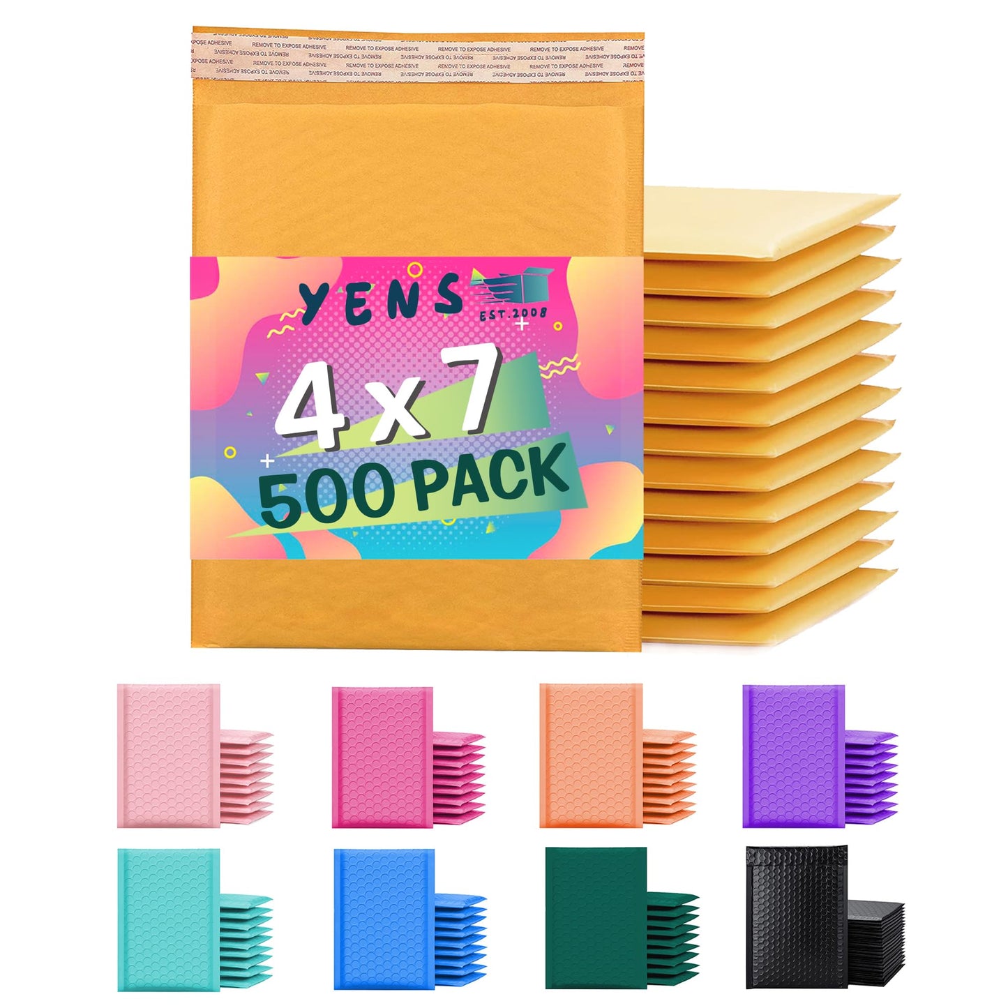Yens Kraft Bubble Mailers 4x8 inch 500 pack Seal Adhesive Shipping Bags, Cushioning Padded Envelopes for Shipping, Mailing, Packaging Usable Space 4x7 KF#000-500