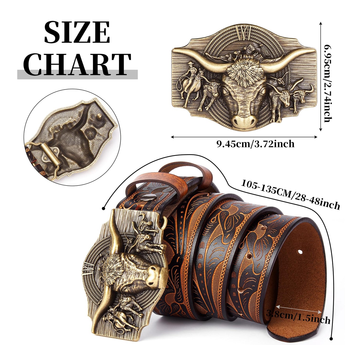BISON DENIM Western Leather Belt for Men Women Cowboy Cowgirl Mens Buckle Belt for Jeans, Country Belt, Ideal Men's Gifts