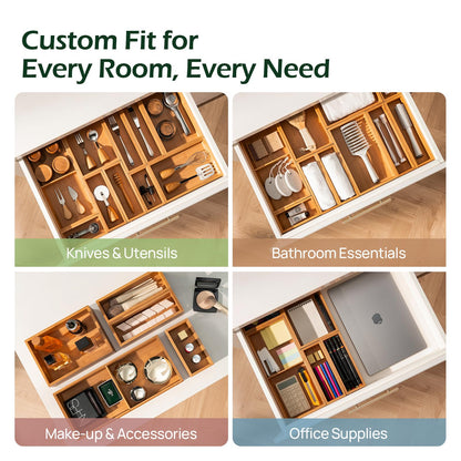 Carbonized Bamboo Kitchen Drawer Organizer, 8 Slots Silverware Organizer, Utensil Holder & Cutlery Tray, 2.2" Deep for Extra Capacity, Non-Slip Feet Included