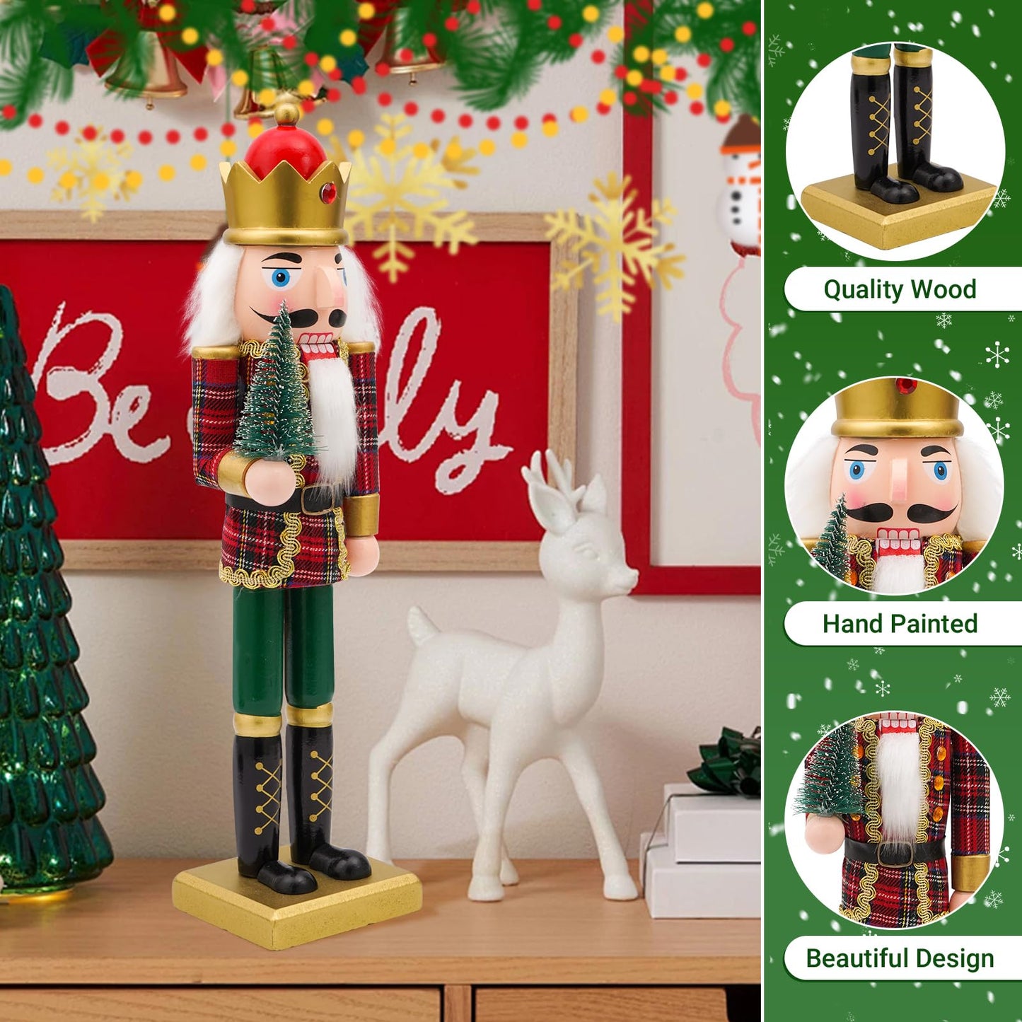 Tngan Nutcracker Christmas Decor, 14 inch Wooden Nutcrackers Figures, Handcrafted Collectible Christmas Nutcracker Decor for Tabletop, Shelves Ornaments(Christmas Tree)