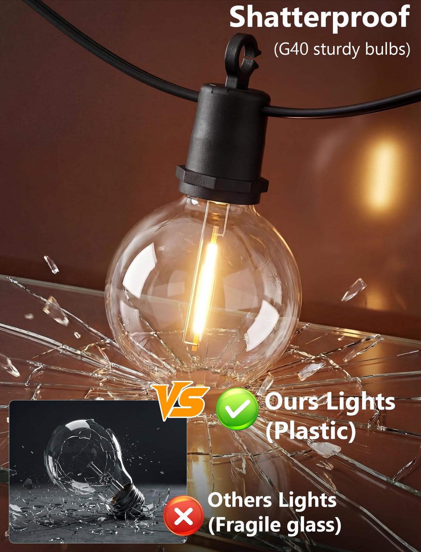 Xingzd 25FT LED Outdoor String Lights, 13 G40 Bulbs Shatterproof Patio Lights, IP65 Waterproof Hanging Connectable Warm White Outdoor Lighting for Outside Backyard Balcony Porch Home Decor