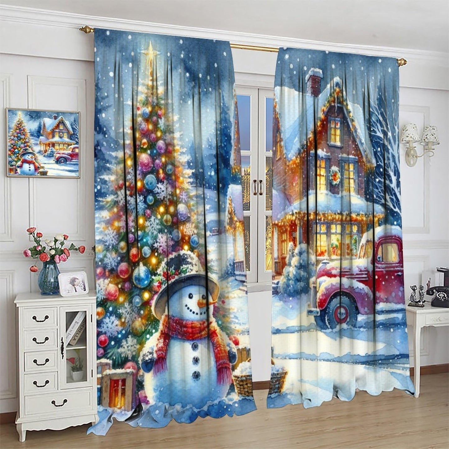 Merry Christmas Curtain Red Truck Xmas Tree Snowman Winter Cabin Holiday Window Treatment for Living Room Bedroom Kitchen Cafe Study Dinin Merry Christmas Decor Window Drapes 42"W X 45"L