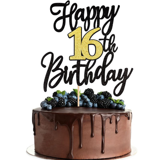 1 PCS Happy 16th Birthday Cake Topper Black Gold Glitter Cheers to 16 Years Birthday Cake Pick 16 Fabulous Cake Decoration for Happy 16th Birthday Anniversary Party Cake Decorations Supplies