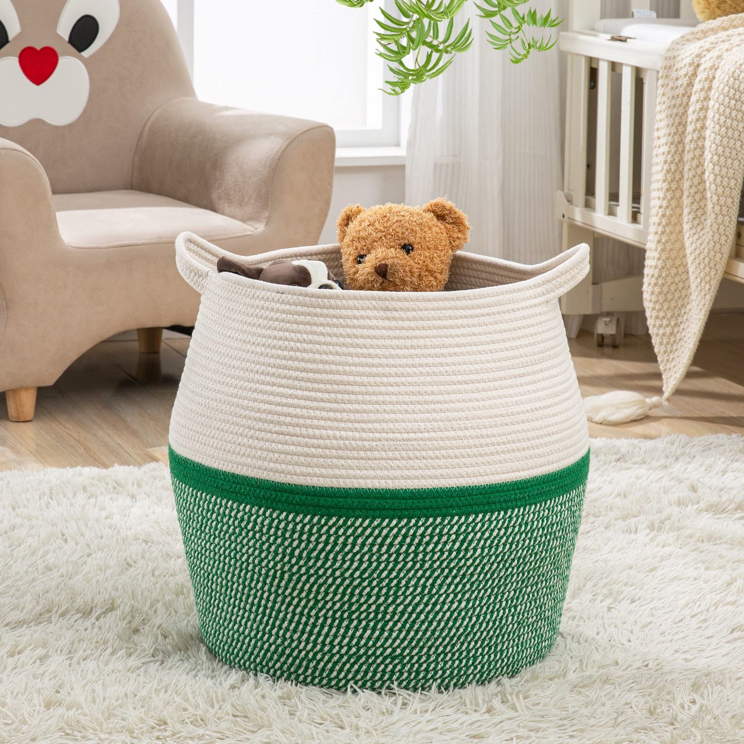KAKAMAY Woven Baskets for Storage(17"x17"),Large Cotton Rope Woven Baby Laundry Hamper,Collapsible Laundry Basket, Blanket Basket for Organizing Living Room,Nursery,Pillows,Toy Chest(Green)