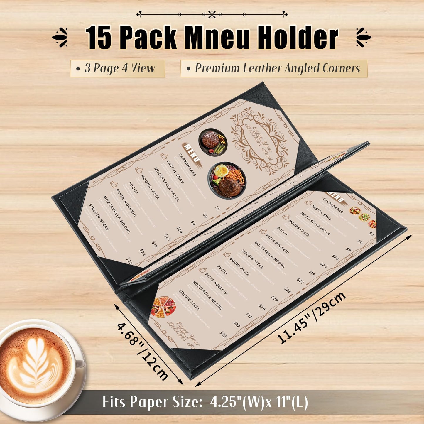 FLKQC 15 Pack Restaurant Menu Covers Holders 4.25" X 11", 3 Page 4 View Synthetic Leather Menu Holder Covers Book Style with Angled Corners Black for Wine List, Morning Menu, Wine Menu (15, 3 Page)