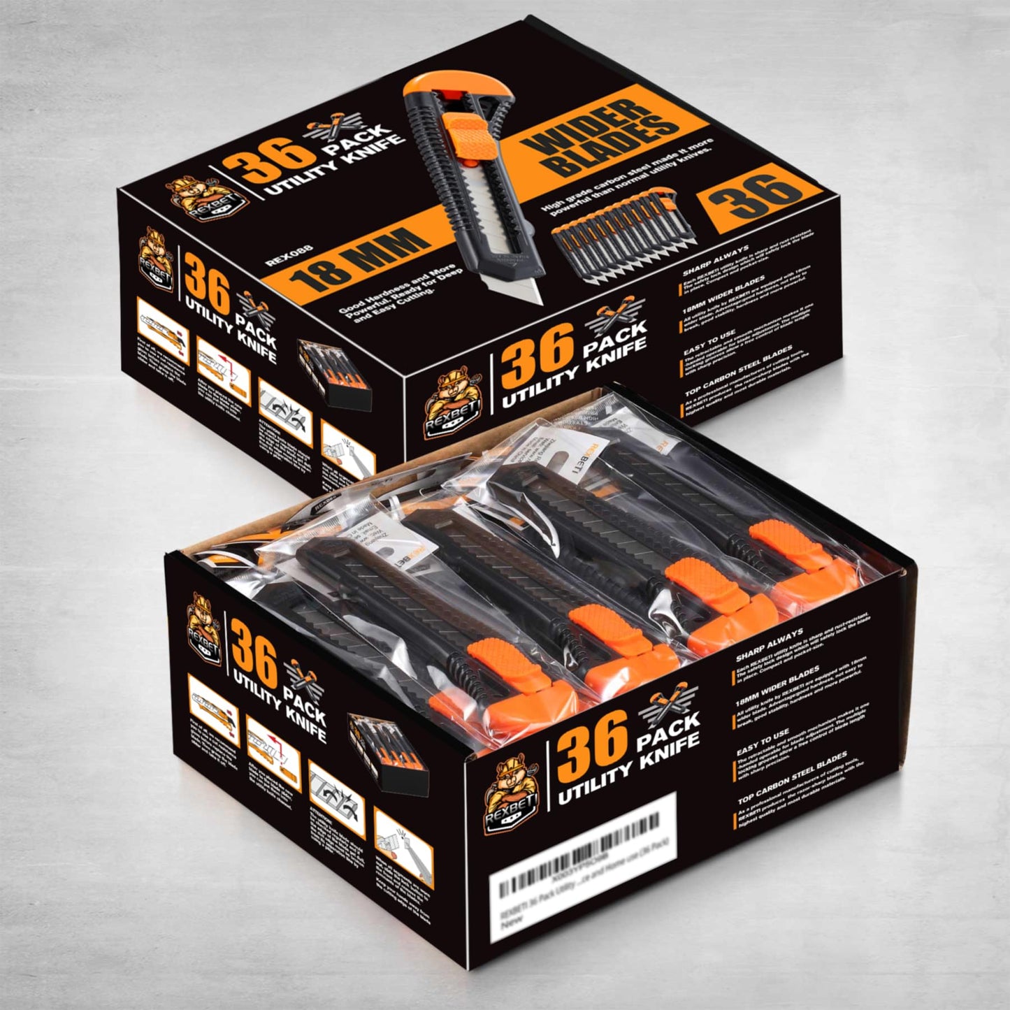 REXBETI 36 Pack Utility Knife, Retractable Box Cutter for Cartons, Cardboard and Boxes, 18mm Wider Razor Sharp Blade, Smooth Mechanism, Perfect for Office and Home use (36 Pack)