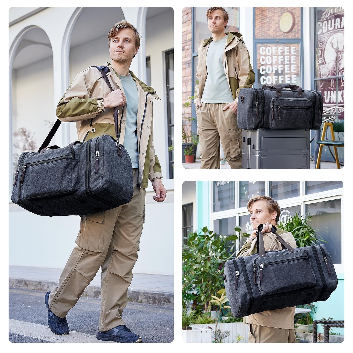 EKOROMIER Large Canvas Travel Duffle Bag - Expandable to 70L, Durable Weekender for Men & Women - Ideal for Airplanes Travel, Gym, and Business(Dark Grey)