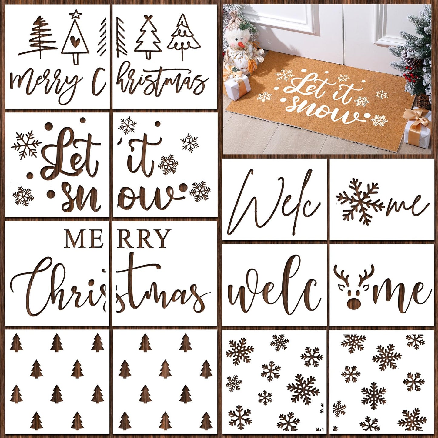 Yookeer 14 Pcs Winter Christmas Stencils for Door Mats Crafts Reusable Merry Christmas Welcome Winter Templates Large Stencil for Painting on Wood Sign Wall Doormat DIY Project