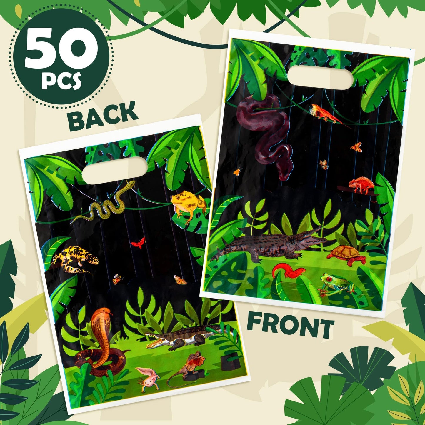 BkeeCten Goodie Party Favor Bags - 50 Pack Reptile Swamp Party Favor Bags Lizard Snake Goody Candy Treat Christmas Winter Xmas New Year Gifts Wrapping Plastic Wildlife Jungle Animal Gift Wrap Kids