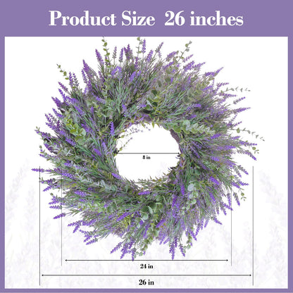 26'' Lavender & Eucalyptus Wreath for Front Door, Window - Artificial Eucalyptus Leaves Greenery Outdoor Wreath for Wedding Farmhouse Porch Wall Room Home Decor (Purple)
